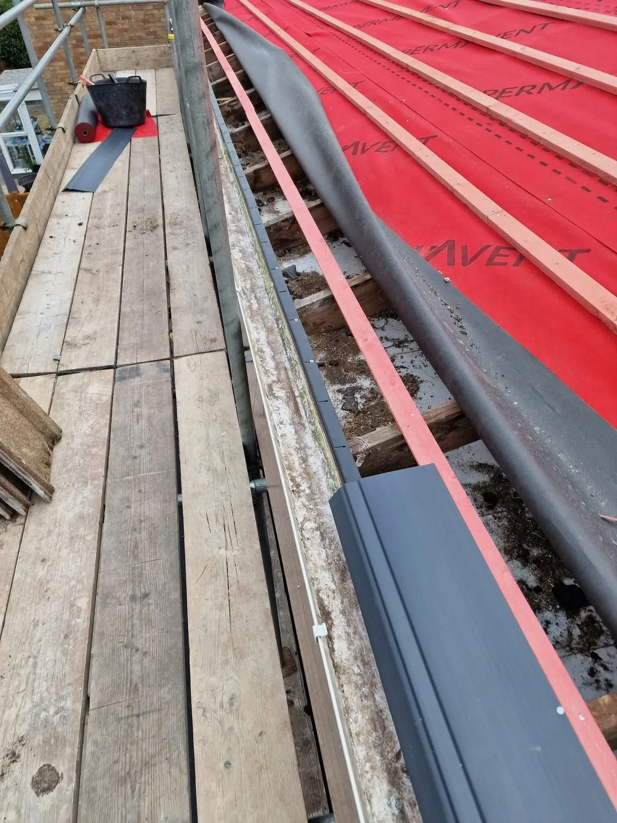 Breathable membrane and battens fitted during a re-roof in Great Torrington